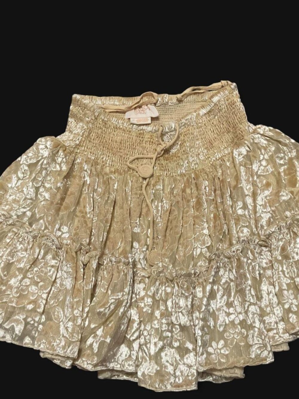 Gold Metallic Tiered Mini Skirt Smocked Waist XS - Picture 2 of 5